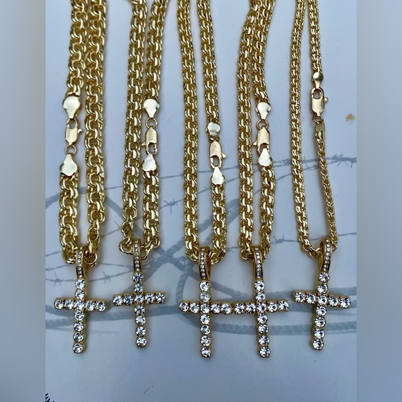 BISMARK Yellow Gold plated 14k Chain Necklaces  24” With crystal cross - Picture 13 of 17
